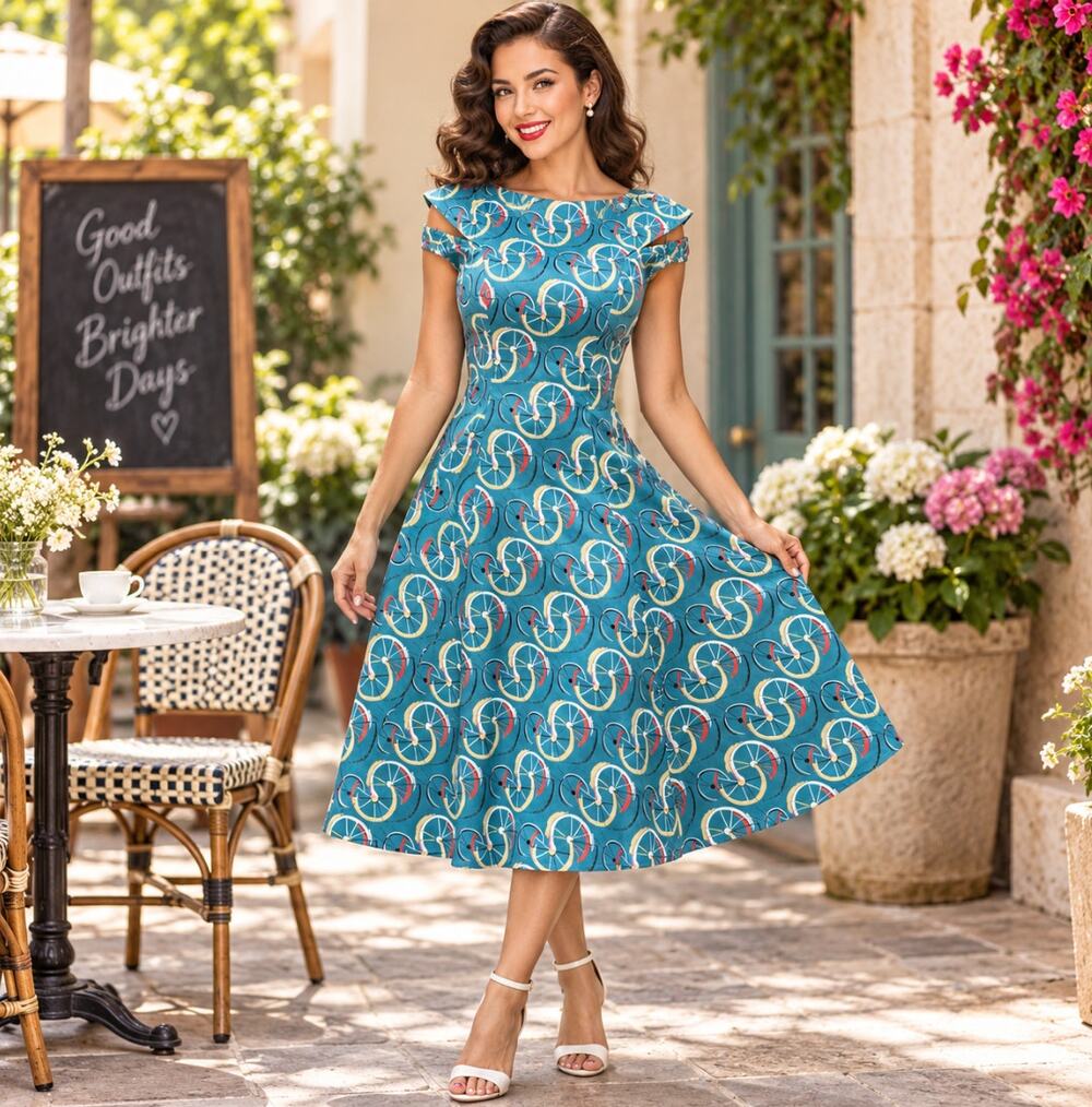 New Tatyana Cruiser Dress Blue Bicycle Wheels Swing Midi Dress Women's Size S